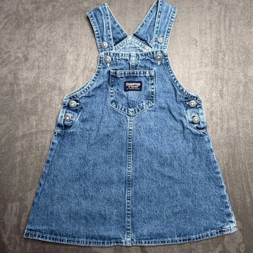 Vintage OshKosh B'gosh Overall Dress Girls 3T Blue Denim V-Back Romper Vestbak